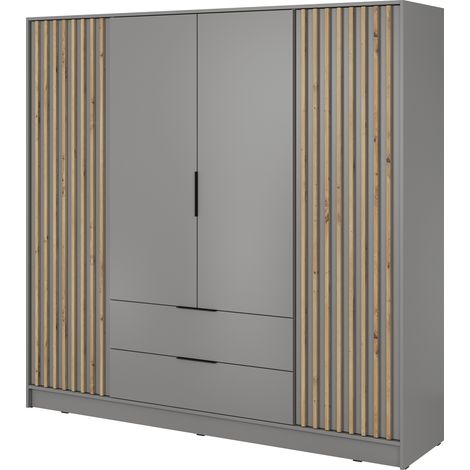 Kleiderschrank 200 cm Fioro - Schrank vom Hersteller, Schlafzimmerschrank - Drehtürenschrank mit Lamellen, 4 Tür (Grau)