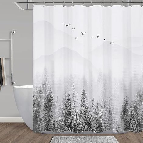 Cortina de ducha, cortina de ducha verde, juego de cortinas de ducha con diseño de árboles y naturaleza de montaña, cortinas de ducha grises para baño, repelente al agua, hotel, 72 x 72 pulgadas (1/5)