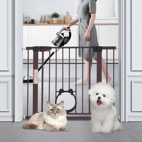 Barrière de sécurité pour chien, porte de sécurité en bois avec chatière, porte de séparation pour animaux domestiques, barrière d'escalier, barrière de sécurité pour enfants, couleur café (1/5)
