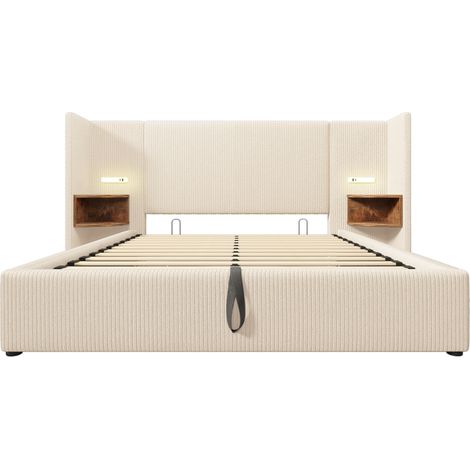 Lit coffre double 160x200 en tissu côtelé beige avec table de chevet, lampe et USB-C (1/5)