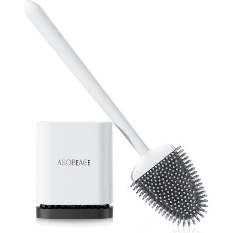 Brosse de Toilette, Brosse WC en Silicone avec Poils Flexibles, Brosse WC avec Support à séchage Rapide pour Salle de Bain, Blanc (1/5)