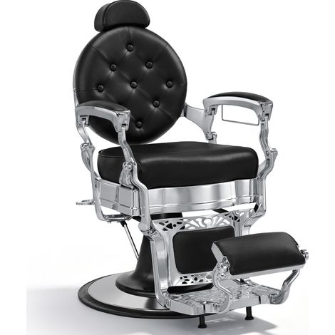 Barberpub Friseurstuhl mit Kopfstütze Kippbar, Friseureinrichtung mit Hydraulikpumpe 360° Drehbar, Höhenverstellbarer Bedienungsstuhl mit Vintage Stil, Barber Stuhl Kunstleder, 3860 (Silber-Schwarz) (1/5)