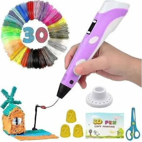 Intelligenter 3D-Stift mit LED-Display, 3D-Druckstift mit USB-Ladefunktion, 30-farbige PLA-Filament-Nachfüllpackungen (lila) (1/5)