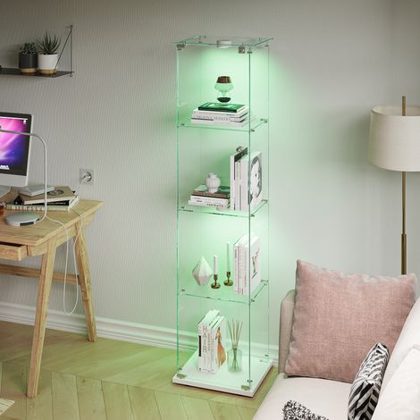 JOOKGBD–Vetrinetta in Vetro con LED,4 Ripiani in Vetro,1 Porta con Serratura,per Collezioni,Antipolvere,per Soggiorno,Camera da Letto,Ufficio,Bianco