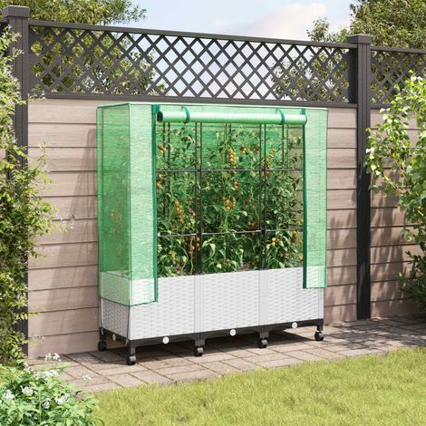 vidaXL Gartenplanter mit Gewächshausabdeckung und Rädern 3 Stk. Weiß (1/5)