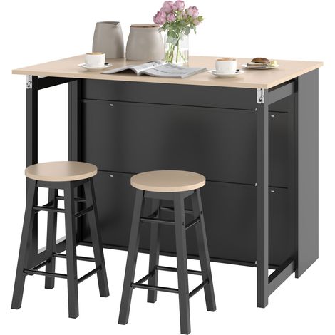 Bartisch mit Barhocker Set, 3-teiliges Bartisch Set, Esstisch mit Klappbarer Tischplatte, Küchentisch mit Schrank, Essgruppe für Esszimmer, Wohnzimmer, Schwarz Aosom