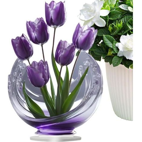 Lot de 2 figurines florales génériques, tulipes violettes en acrylique 2D, décoration de table, ornement de bureau, sculpture décorative en forme de bouquet pour salon, chambre, maison, fête des mères (1/5)