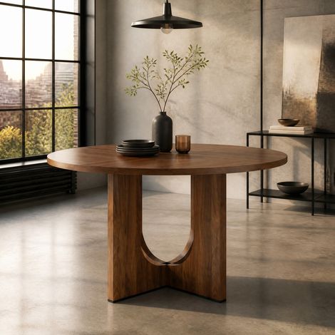 Tavolo da pranzo rotondo 120 cm per 4-6 persone, stile scandinavo, colore noce HAVRYA (1/5)
