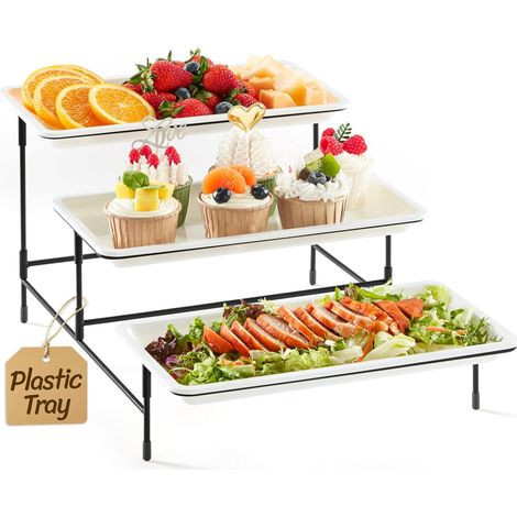 Lifewit 3 Tier Serving Tray for Party Supplies, 12 x 6.5" Plastic Platters for Food, White Reusable Trays with Black Metal Display Stand for Buffets, Cake, Snack, Veggie, Fruit, Cookies, Dessert (1/5)