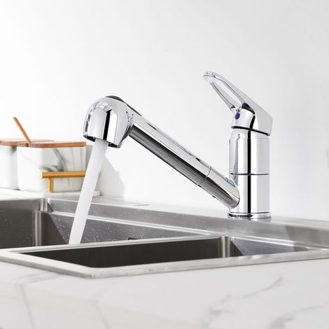 Robinet de Cuisine avec Douchette extractible, Mitigeur Cuisine en Laiton Rotatif 360°, 2 Modes Jet, Chromé