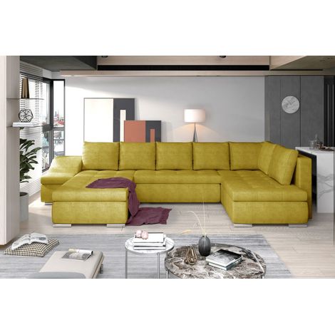 Canapé panoramique GYOVANI jaune chiné angle gauche convertible avec têtières (1/2)