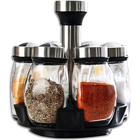 SABIR Étagère à épices pour pots à épices, carrousel à épices rotatif à 350°, étagère à épices portable en acier inoxydable transparent avec 6 pots à épices en verre, pour le rangement des épices dans (1/5)