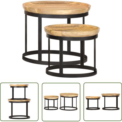 The Living Store Tables d'appoint rondes 2 pcs Bois de manguier solide et acier - Table D'appoint Industrielle - Table D'appoint Design - Table D'appoint Ronde - Table D'appoint Bois - Table D'appoint (1/5)