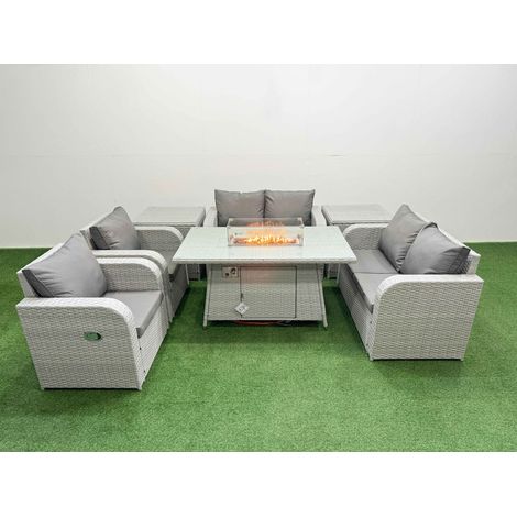 Fimous 6 Seater Outdoor Reclining Chair Love Sofa Set Rattan Garden Furniture Set with Firepit Dining Table 2 Side Tables Light Grey (1/4)