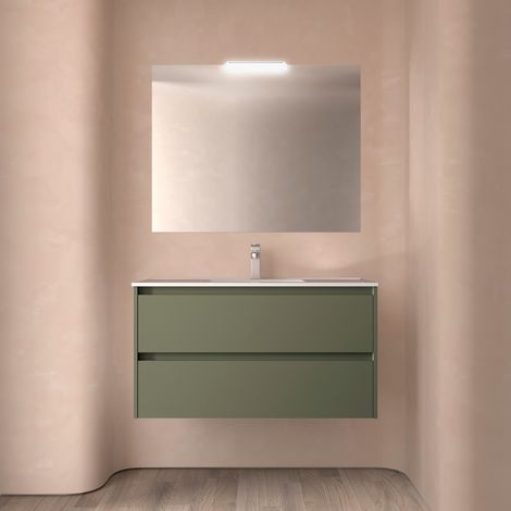 Badezimmermöbel NOJA 1000 2 Schubladen GREEN SATIN + Waschtisch + Spiegel