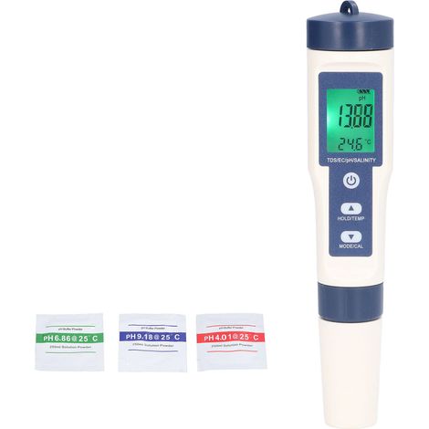 5-Parameter-Wassertester: pH-Wert, Salzgehalt, Temperatur, TDS, EC mit wasserdichtem LCD-Bildschirm (1/5)