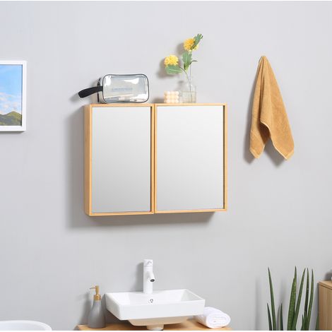 Armoire de salle de bain miroir 65.2x14x50 cm bois naturel en bambou avec 2 portes et 3 étagères (1/5)