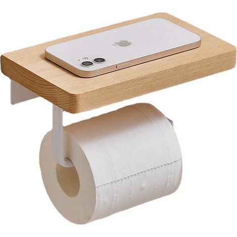 Selbstklebender Toilettenpapierhalter ohne Bohren, Wand-Toilettenpapierhalter mit Holzablage, 2-in-1-Wand-Toilettenpapierhalter, weiß