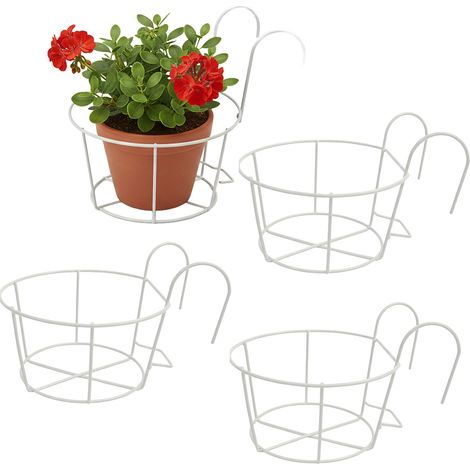 Relaxdays Hängeblumentöpfe, 4er Set, HBT: 21 x 20 x 26 cm, rostbeständig, Balkon & Terrasse, Hängetopf, Eisen, weiß