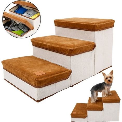 Rampe pliable pour chien avec espace de rangement - conception antidérapante à 3 marches - marron (1/5)