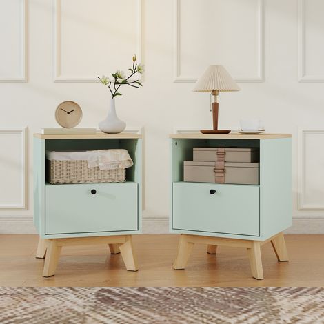 Lot 2 tables chevet tiroir + compartiment ouvert chêne/vert clair 40x40x55 cm