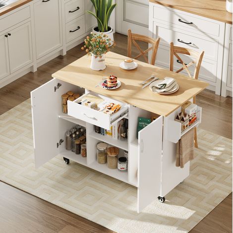 Carrello cucina 67,5/120 cm bianco e rovere con piano pieghevole, cassetto e ruote (1/5)