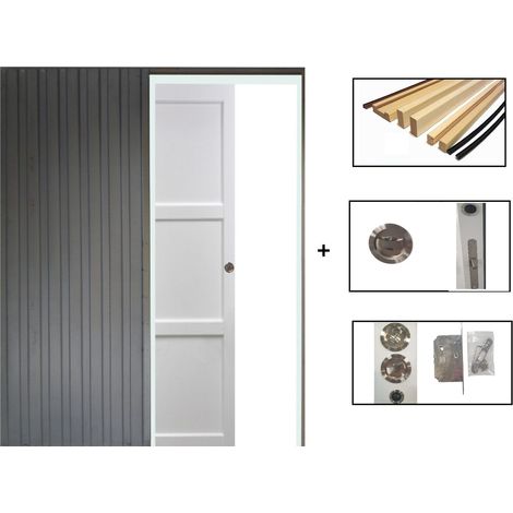 Puerta corredera Korya blanca de 3 paneles H204 x L83 cm, empotrada, kit de acabado Gd Menuiseries