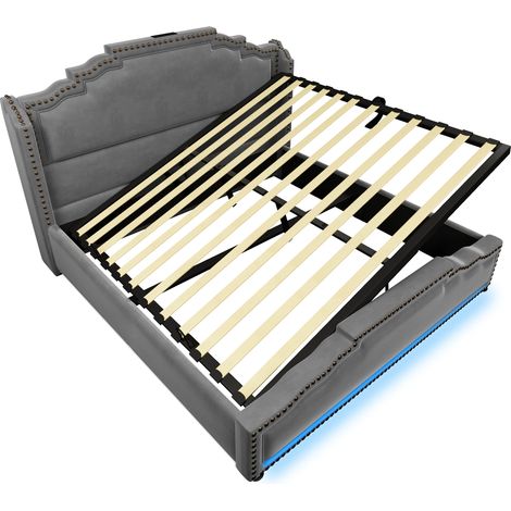 Lit coffre en velours gris 140x200 cm avec matelas H3, LED, ports USB-C et sommier à lattes (1/5)