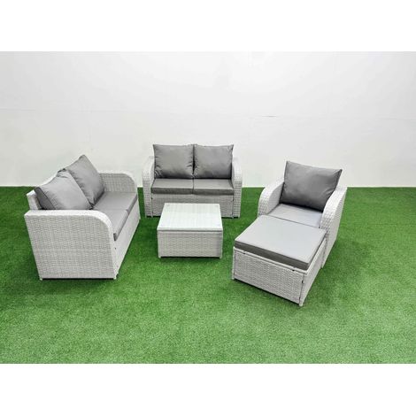 Fimous High Back Poly Rattan Garden Furniture Set with Reclining Chair Loveseat Sofa Square Coffee Table Indoor Outdoor Patio  Set Big Stool Light Grey (1/4)