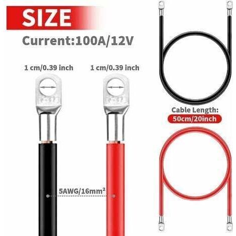 NALOOKAMIC 2 pièces 12V Cable Batterie Onduleur 5AWG 16mm² Cuivre Câbles de Batterie Câble ornes à Anneau Rouge et Noir Cuivre Etamé( (50cm(16mm²))