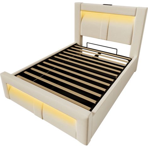 Lit simple 90x200 cm avec rangement, lit hydraulique, éclairage LED avec commande par application, ports de charge USB et Type-C, velours, tête de lit au design incurvé, beige, sans matelas (1/5)
