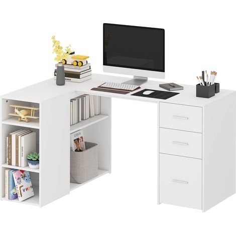 Bureau d'angle - bureau informatique - HOMCOM - 3 tiroirs, 5 compartiments ouverts, étagères réglables - bois - 140x100x75cm - blanc (1/5)