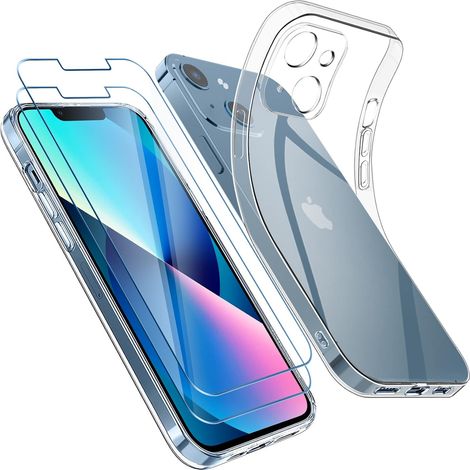FUNDA PARA APPLE IPHONE 13 CON PARTE POSTERIOR DE SILICONA TRANSPARENTE + 3 CRISTAL TEMPLADO (1/5)