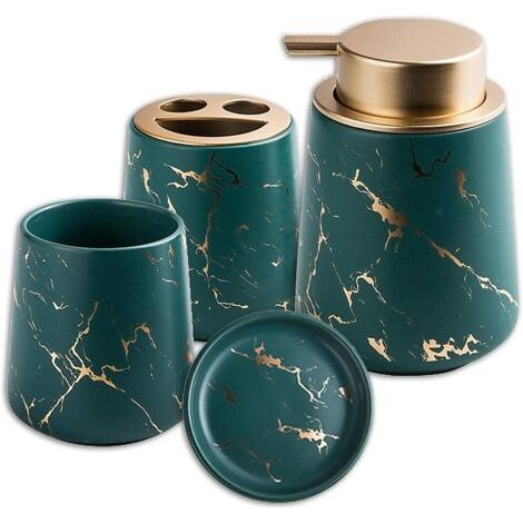 D'accessoires de Salle de Bain 4 Pièces en Céramique, Lot de 4 Ensemble Accessoires de Bain de Luxe Effet Marbre Dont Distributeur de Savon, Porte Brosse à Dent, Porte-Savon et Gobelet Green (1/5)