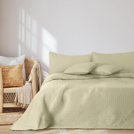 AmeliaHome Copriletto con pompon 220 x 240 cm Copriletto double face Ultrasonic Trapuntatura Poliestere Meadore Beige (1/5)
