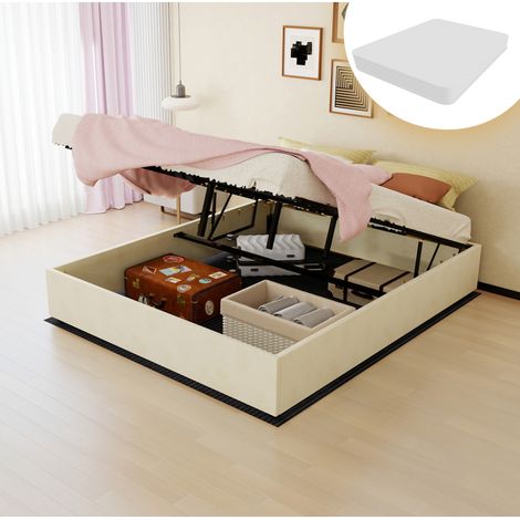 Lit moderne minimaliste 160x200 cm beige en tissu et métal, sans tête de lit, avec vérins à gaz et matelas inclus
