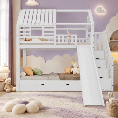 DESMIU Lit Superposé 2 Places avec Escalier de Rangement, Toboggan et Tiroir 90 × 200 cm, sans Matelas (1/5)