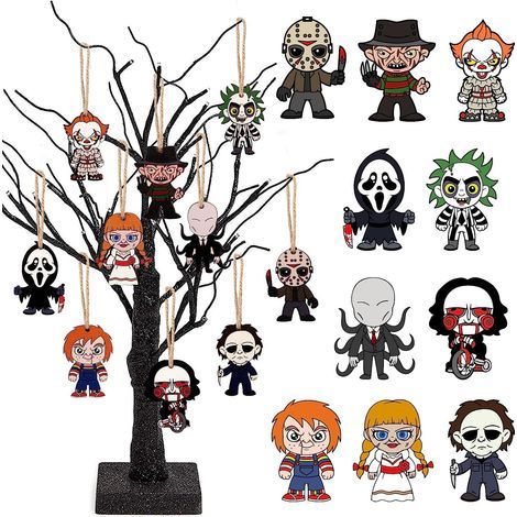 Lot de 10 décorations suspendues en bois Halloween, personnages de films d'horreur, panneaux pendentifs effrayants (1/3)