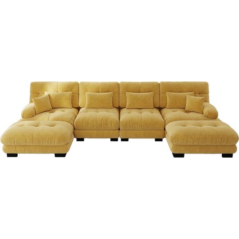Canapé d'angle modulaire en chenille vintage jaune, 4 places avec ottoman mobile (1/5)