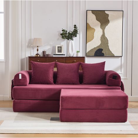 Sofá modular de pana con puff, estructura metálica, bolsillo lateral y 3 cojines, rojo burdeos (1/5)