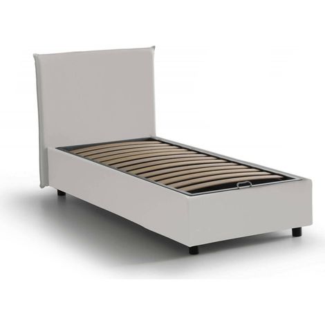 Talamo Italia Letto singolo Celestina, Letto contenitore con rivestimento in ecopelle, 100% Made in Italy, Apertura frontale, adatto per materasso Cm 90x190, Bianco, con imballo rinforzato