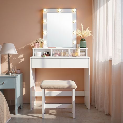 Vasagle – Coiffeuse enfant avec miroir LED ajustable – 2 tiroirs et 3 compartiments – Rangement optimisé – Dimensions 40,1 x 80,1 x 145,1 cm – Blanc (1/5)