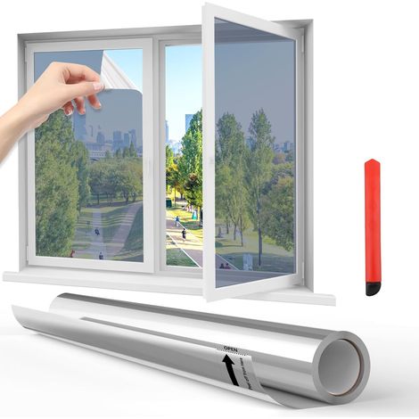 Anti-Glare Mirror Window Film, 200 x 44.5 cm Anti-Glare Window Film, Day and Night, UV Blocking Insulation Window Film, Tain-Free Mirror Film, Mirror Film for Household Office (Silver) (1/5)