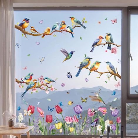 76Pcs Autocollants de Fenêtre Printemps, 9 Feuilles Autocollants Anti-Collision Film pour Vitre, Papillon Branches Escargots PVC Autocollants Décoration de Printemps (1/5)