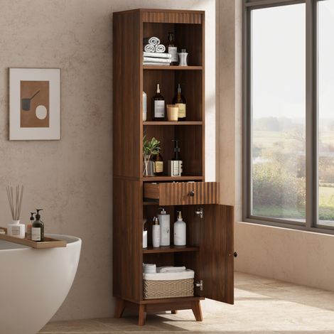 Mueble de baño alto de 172 cm, puerta reversible, cajón, MDF color nogal HAVRYA (1/5)