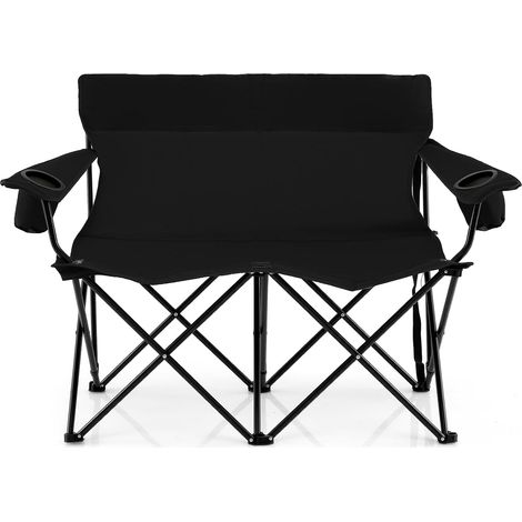 Chaise Pliante Camping à 2 Places, 132 x 66 x 96 cm, Charge 300 kg, Chaise de Jardin Exterieur, 2 Porte-Gobelets, Sac de Transport (Noir) (1/5)