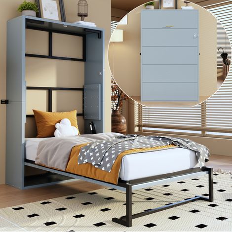 REDOM - Cama abatible 90x200 con bloqueo de pared metal y madera gris (Sin colchón) (1/5)
