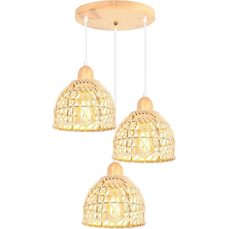 3 Lampes Suspension Luminaire Moderne Lustre Plafonnier en Bois et Bambou de Design Spirale Vintage E27 Éclairage Plafond Rétro Lustre Suspension Rotin pour Salon Chambre Salle à Mange (Cercle) (1/5)