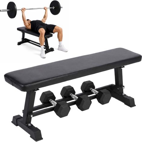 Relaxdays Weight Bench, dumbbell rack up to 300 kg, H x W x D: 46 x 36 x 105 cm, bench press, steel, PU cover, black (1/5)
