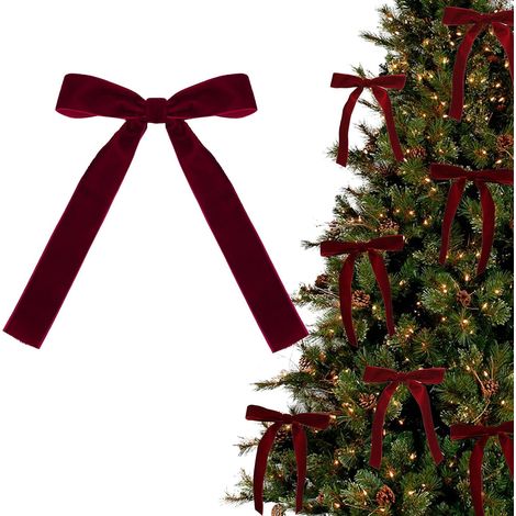 Lot de 24 nœuds de Noël en Velours Bordeaux pour décoration de Sapin et Cadeaux en Rouge (1/4)